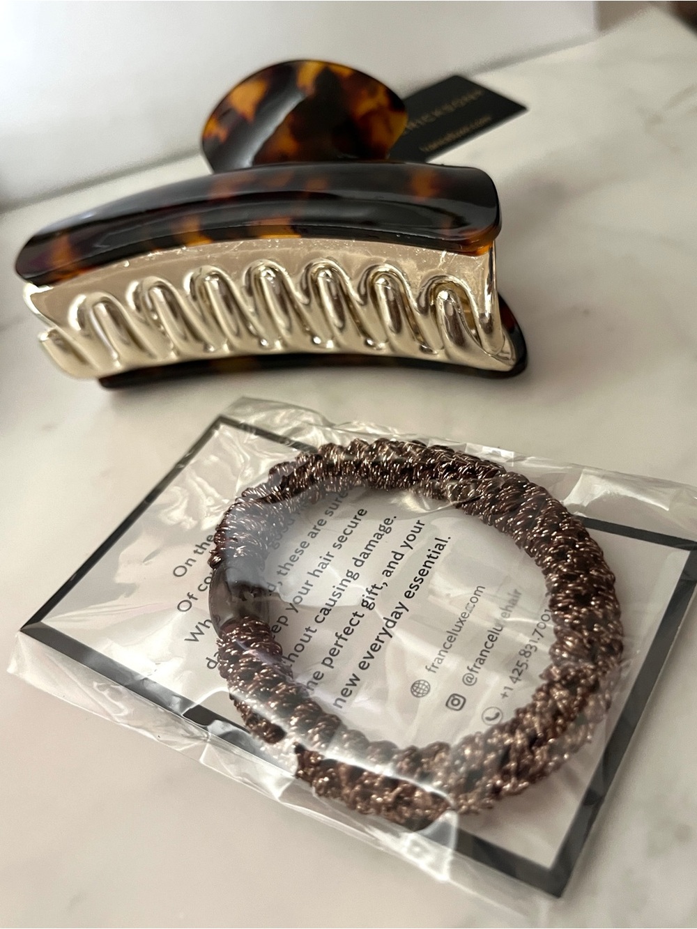 France Luxe L. Erickson Tortoise & Gold Claw Clip and Grab & Go Pony Set (2) New